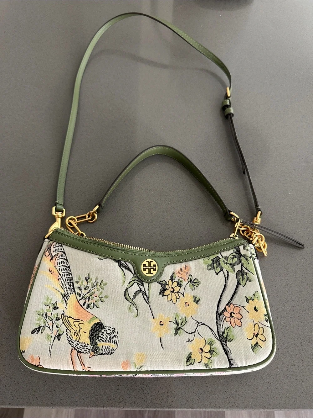 Tory Burch Olive Green Floral Bird Shoulder Bag